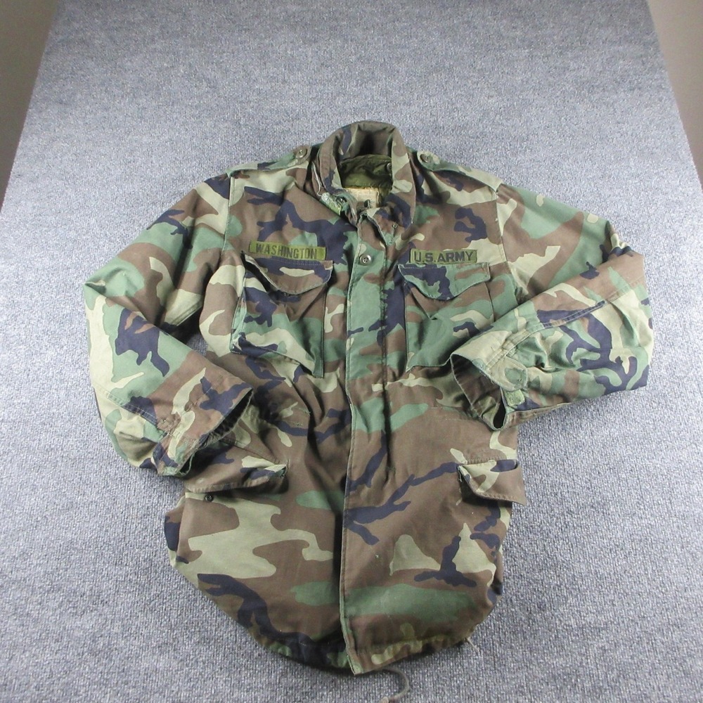 Vintage US Army M-65 Field Jacket Mens S Long Woodland Camo Cold Weather 90s